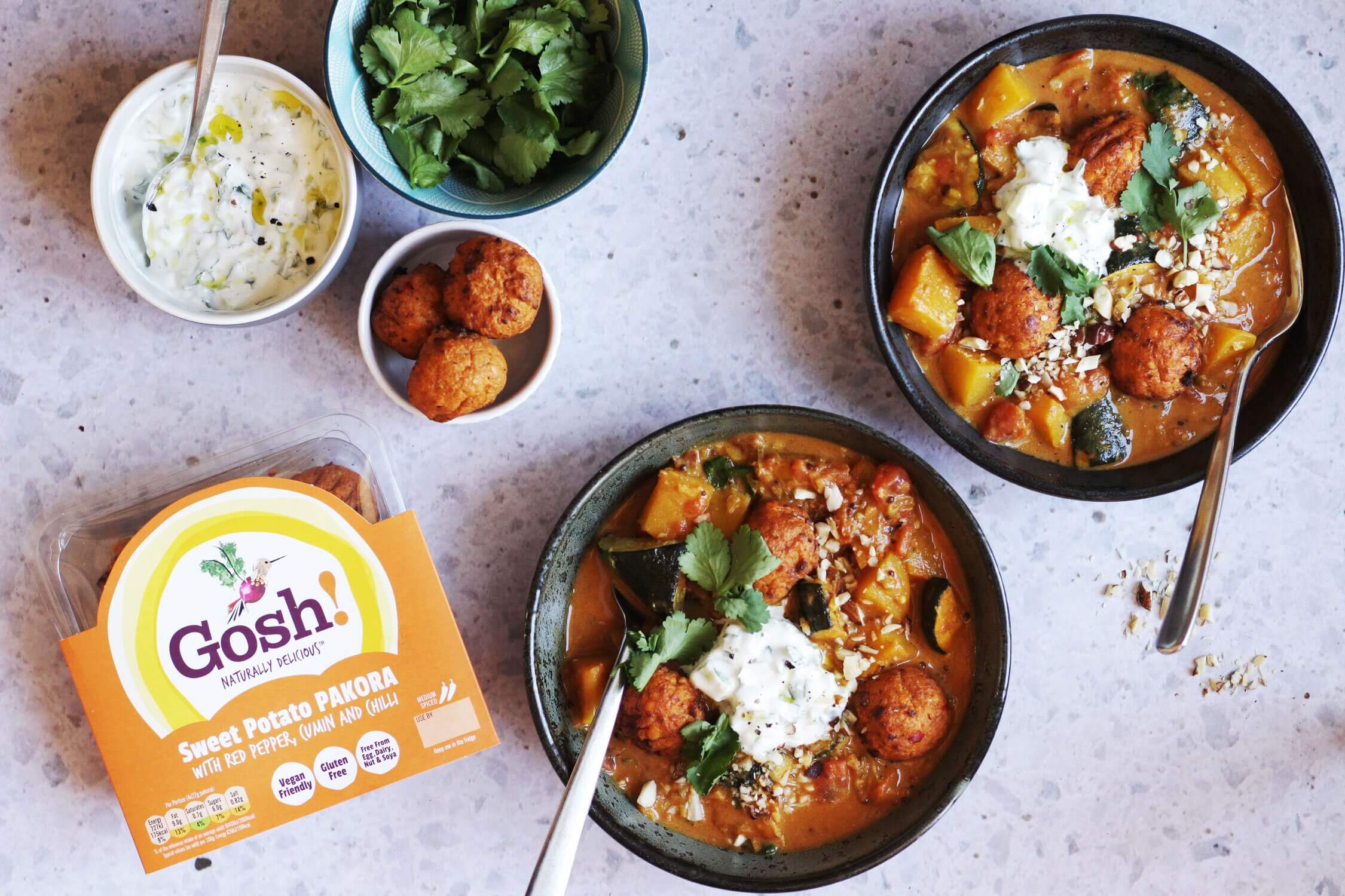 Courgette and butternut curry, with Gosh! sweet potato pakora bites